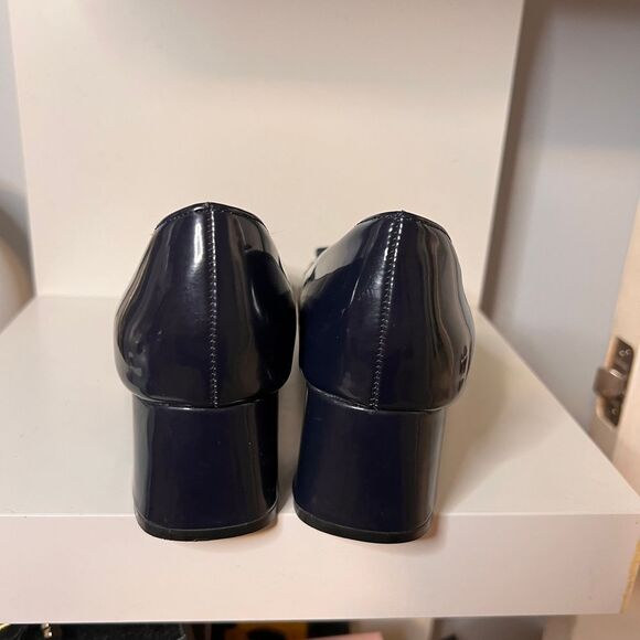 Navy Blue Patent Leather Block Heel Loafers with Chain Detail & Fringe - Picture 4 of 6